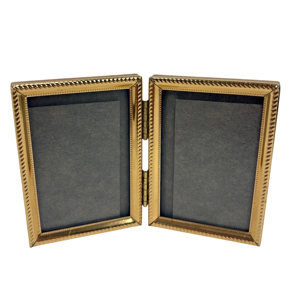 Vintage Gold Metal Double Folding Picture Frame Ornate Filigree Glass 2.5x3.5